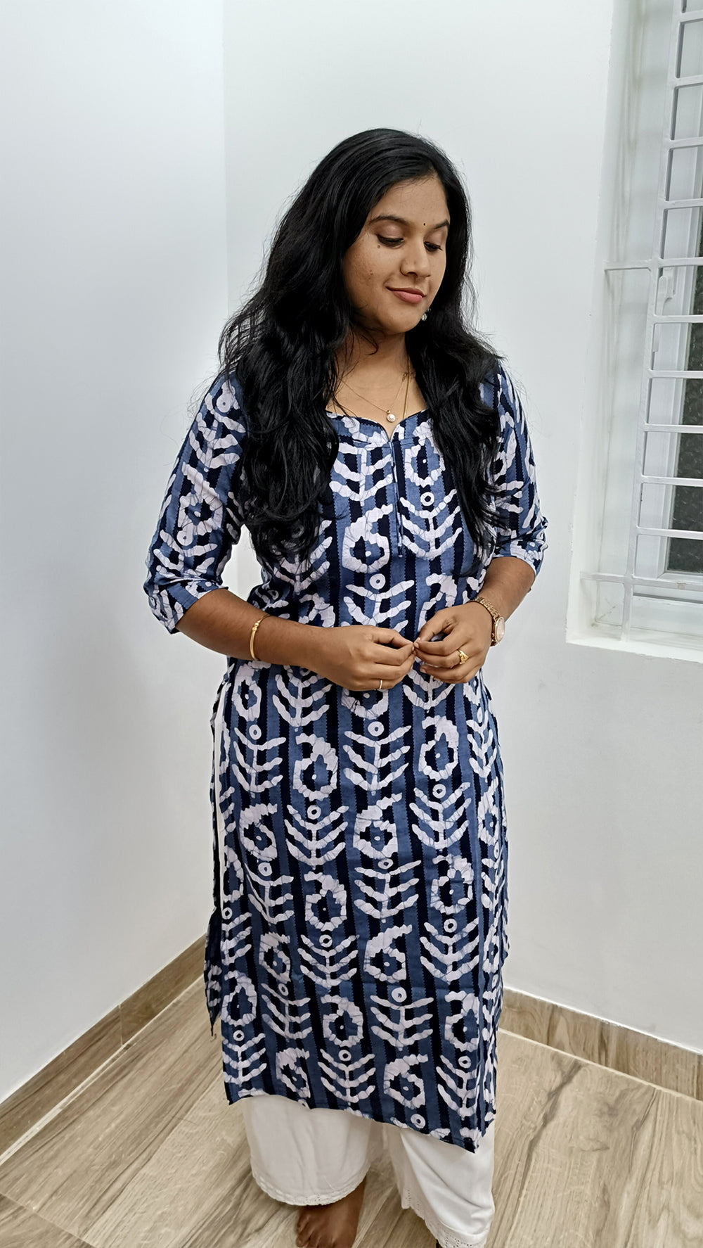 Batik Print Blue kantha Cotton Kurti