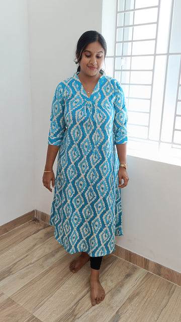Flex Cotton Pleated Aline Kurti-Blue