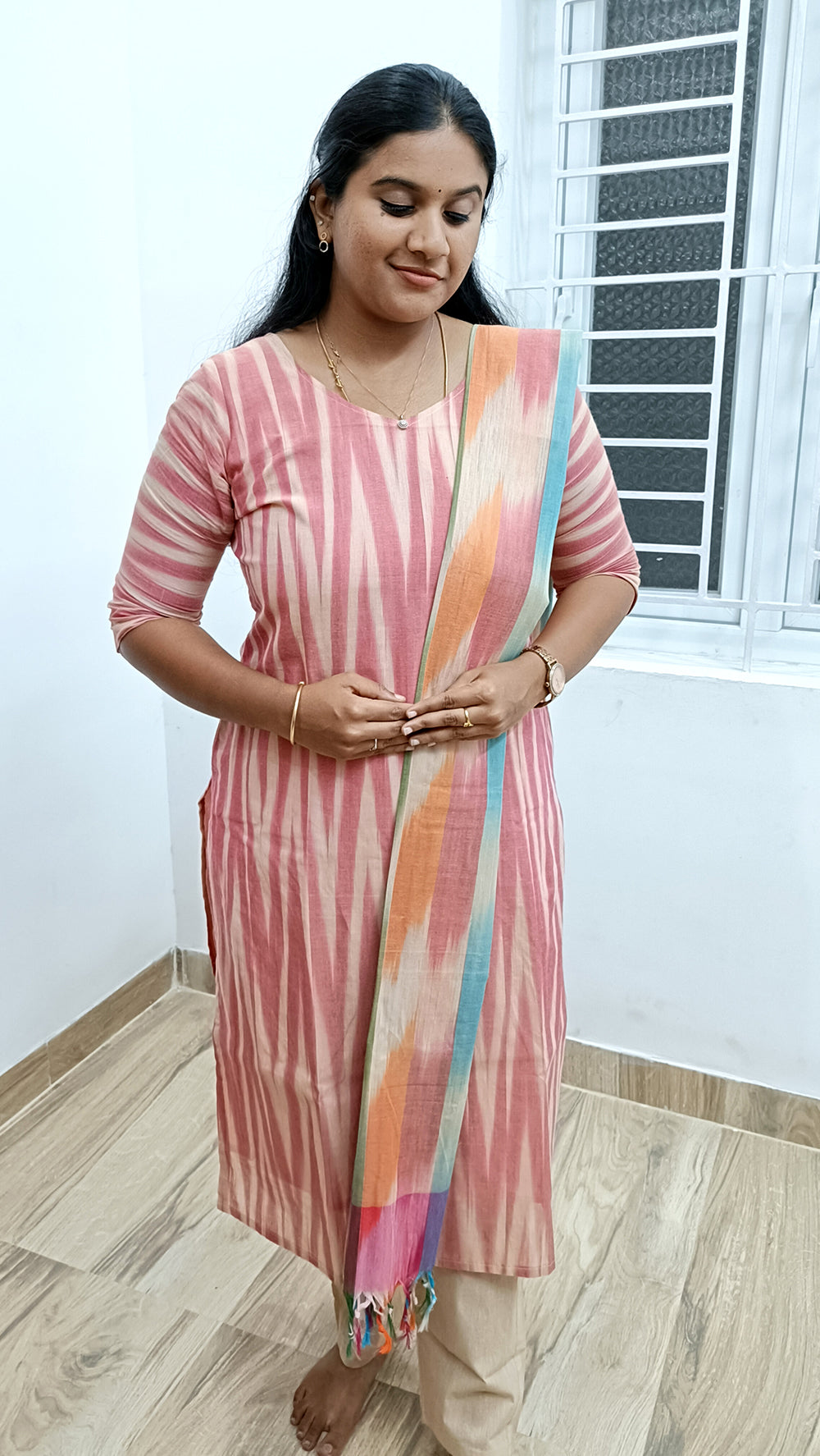 Handloom Ikkat cotton suit set - Multi Color