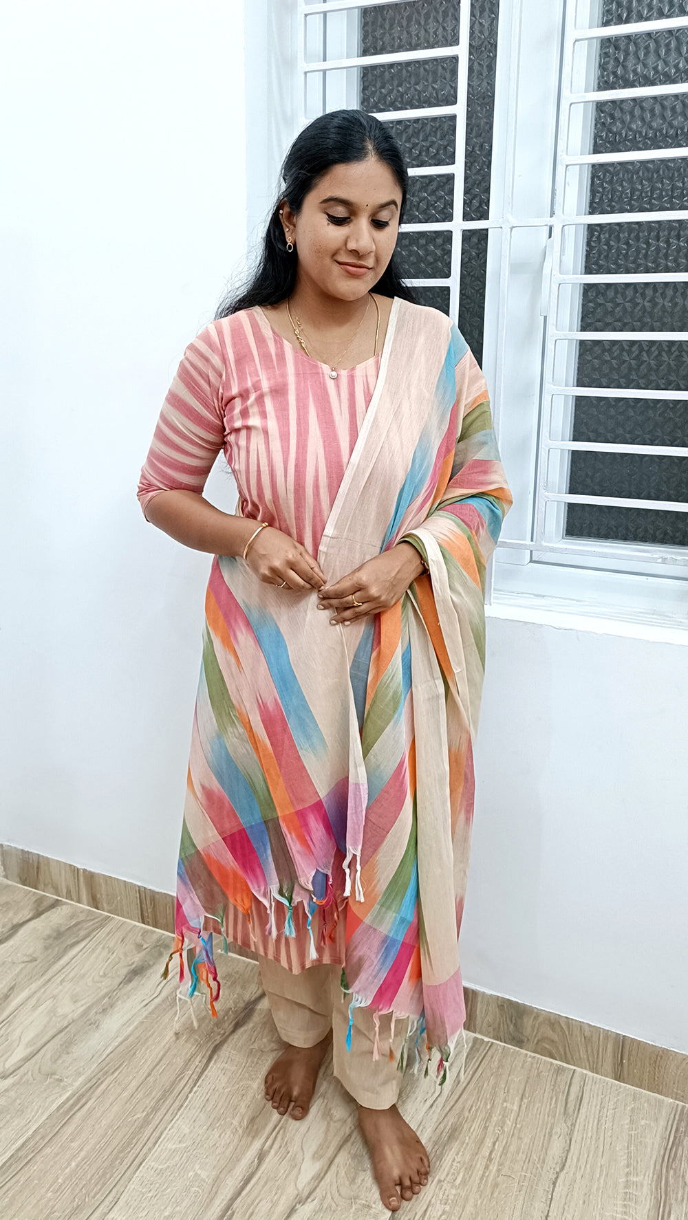 Handloom Ikkat cotton suit set - Multi Color