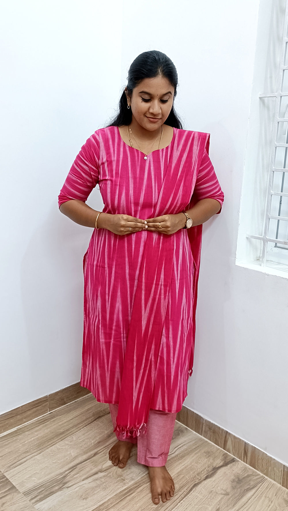 Handloom Ikkat cotton suit set- Ranipink