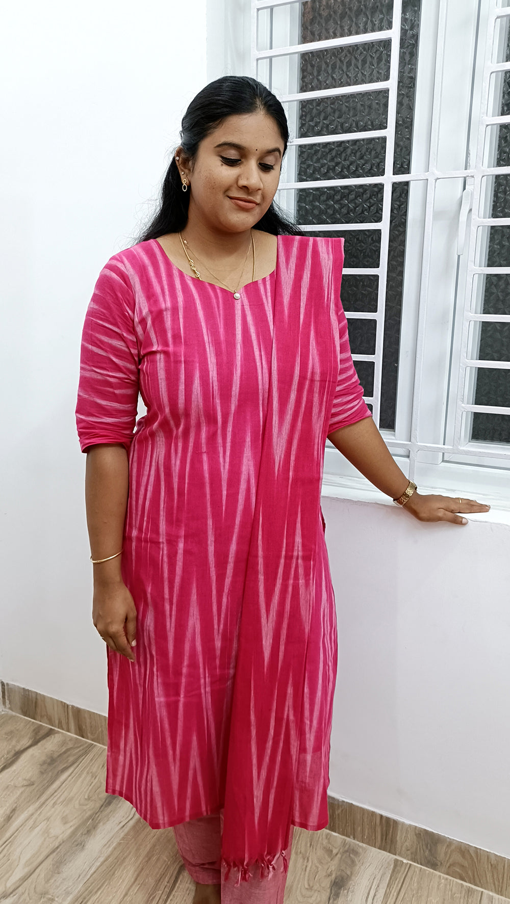 Handloom Ikkat cotton suit set- Ranipink