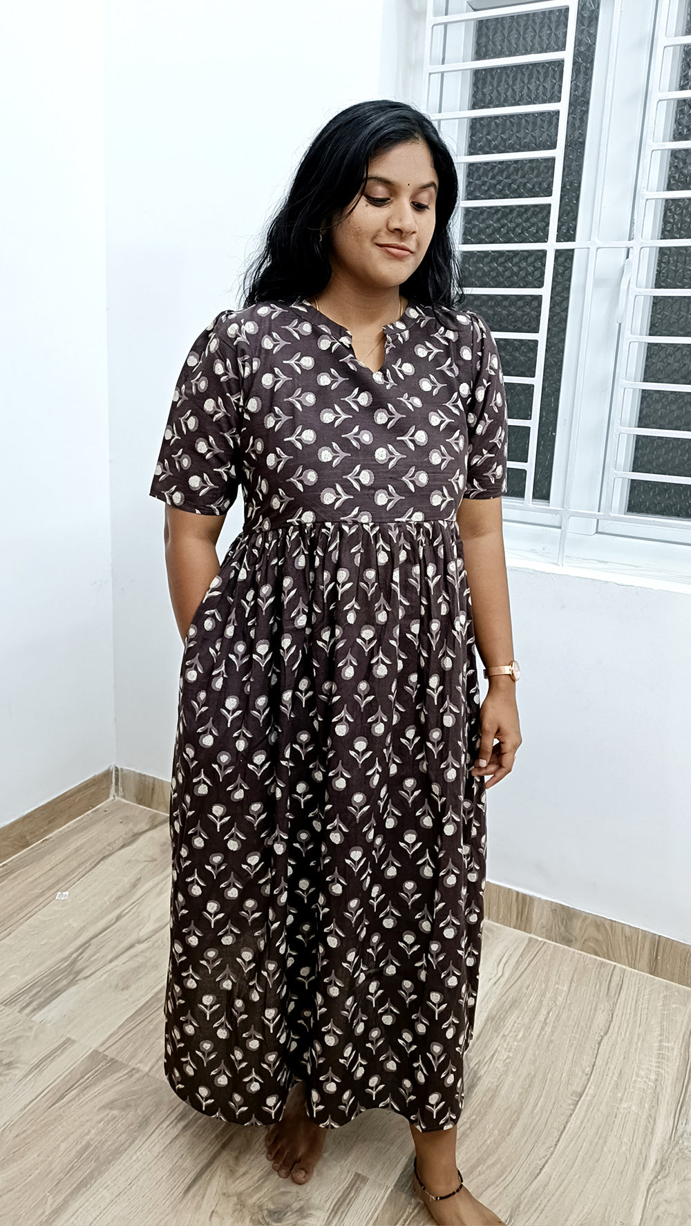 Brown Handblock Printed Cotton Dress