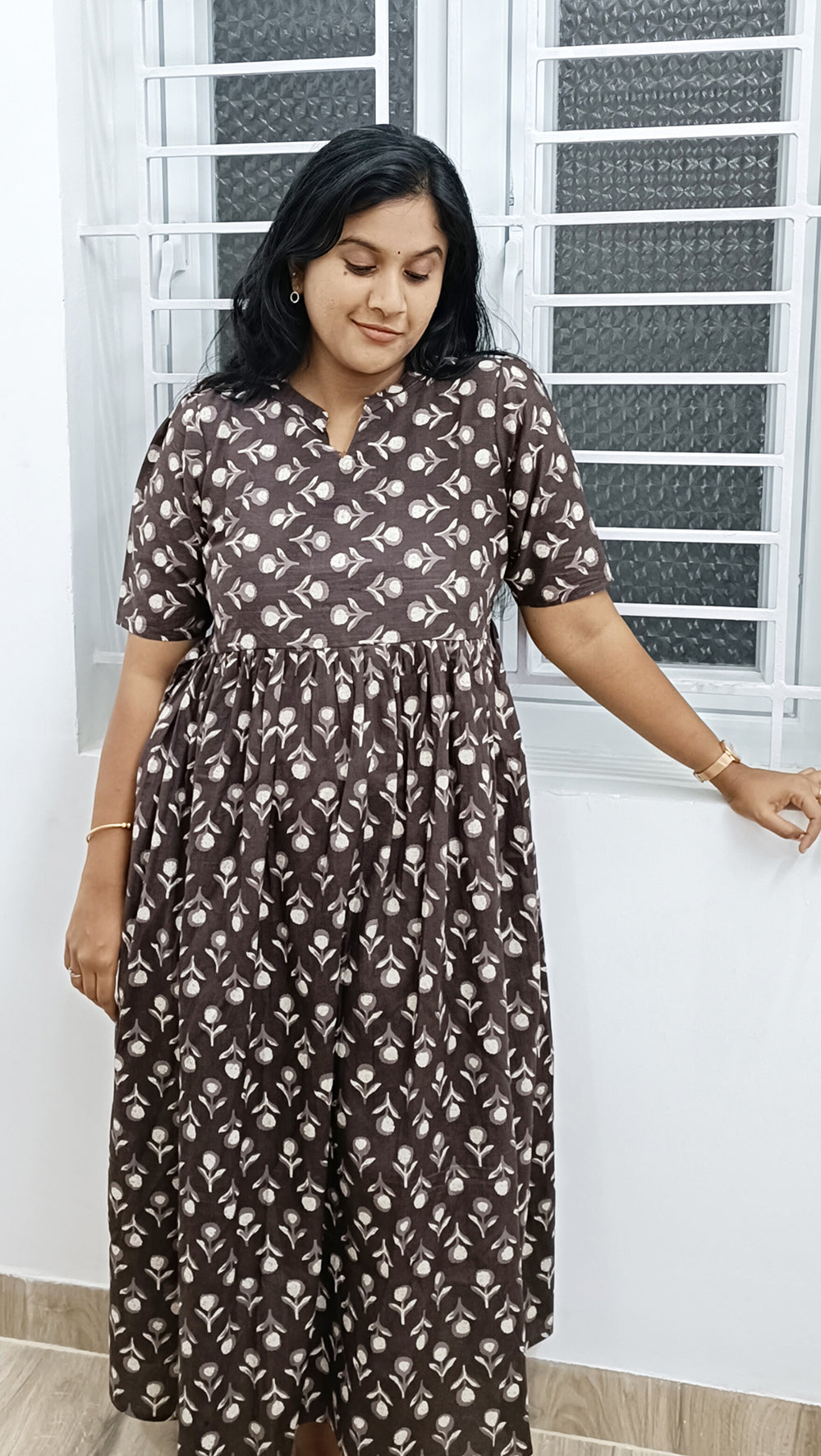 Brown Handblock Printed Cotton Dress